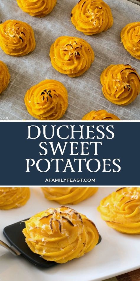 Duchess Sweet Potatoes Dutchess Potatoes Casserole, Duchess Sweet Potatoes, Easter Sweet Potatoes, Potato Swirls, Dutchess Potatoes, Sweet Potato Side Dishes, French Side Dishes, Sweet Potato Sides, Burger Side Dishes