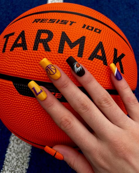 💛💜 #nba #lebronjames #nail #nailart #pressonnails Laker Nails, Basketball Nails, Summery Nails, Orange Nails, Purple Nails, Lebron James, Press On Nails, Summer Nails, Gel Nails