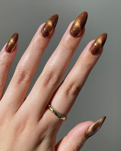 Gold Cat Eye Nails, Brown Cat Eye Nails, Funky Nail Ideas, Festival Nail Ideas, Concert Nails, Brown Nail, Velvet Nails, Short Almond Nails, Vintage Nails