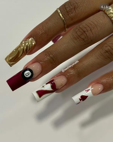 Bday Nails Scorpio, November Baddie Nails, Ace Of Spade Acrylic Nails, Happy Nails Ideas, Birthday Candle Nail Art, Funky Nails With Gems, Romantic Red Nails, Deep Red Nails With Design, Lash Tech Nails