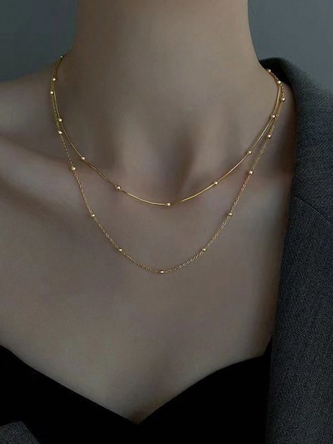 1pc Gold-colored European-style Double-layer Beaded Titanium Steel Chain Necklace For Women, Daily WearI discovered amazing products on SHEIN.com, come check them out! Double Layer Chain Gold, Elegant Metal Double Chain Necklace, Elegant Double Chain Metal Necklace, Layer Chain Gold, Everyday Double Chain Gold-tone Necklace, Elegant Gold-tone Double Chain Necklace, Elegant Gold-tone Double Chain Layered Necklace, Layer Chain, Layered Chains