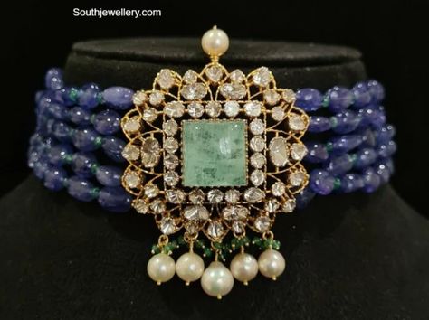 Blue tanzanites choker with polki pendant photo Polki Pendant, Sapphire Beads, Pendant Choker Necklace, Moissanite Pendant, Indian Jewellery Design, Pendant Choker, Emerald Bead, Beads Jewellery, India Jewelry