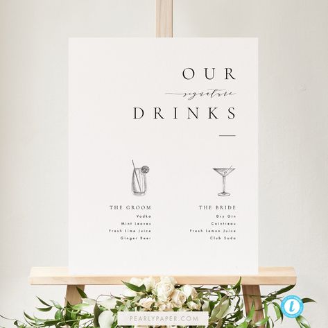 Printable Signature Cocktails Sign Template Download | Etsy Signature Cocktails Wedding, Signature Cocktail Sign, Cocktail Hour Wedding, Signature Cocktails, Cocktails Sign, Signature Drinks Sign, Drink Signs, Cocktail Menu, Wedding Drink