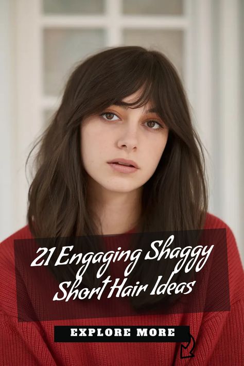 Woman with long shaggy hairstyle and bangs, text overlay says "21 Engaging Shaggy Short Hair Ideas". Shaggy Lob Hairstyles, Shaggy Short Haircuts, Shaggy Haircuts With Bangs, Short Shaggy Hair, Short Shaggy Bob, Curly Shag Haircut, Textured Bangs, Shaggy Short Hair, Short Shag Hairstyles