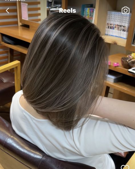 Straight Hair Lowlights, Short Hair Ash Brown Highlights, Short Hair With Ash Highlights, Partial Highlights For Short Dark Hair, Dark Brown Hair Gray Highlights, Ashgreyhair Highlight, Highlights For Black Hair Asian Short, Ash Brown Balayage Bob, Babylights Grey Blending