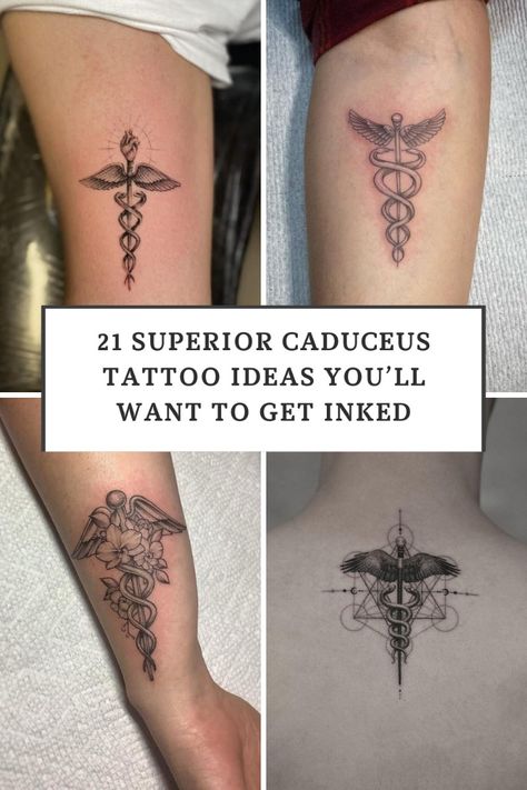 You probably consider getting a Caduceus tattoo as a way to honor medicine and the medical profession in general. Even though this is a common misconception since the rod of Asclepius is the actual symbol of medicine, in the USA, things are a bit different. Surgical Technologist Tattoo, Medical Tattoo Ideas Nursing, Emt Tattoo For Women, Medical Tattoos For Women, Medical Symbol Tattoo, Rod Of Asclepius Tattoo, Medicine Tattoo Ideas, Medicine Tattoo, Nurse Tattoo Ideas