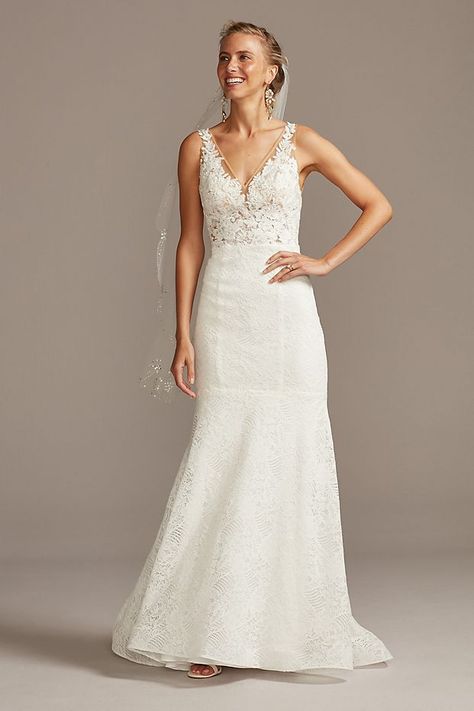 Floral Applique Illusion V-Back Wedding Dress | David's Bridal David Bridal Wedding Dresses, David Bridal, Trumpet Wedding Dress Lace, Sweet Wedding Dresses, Beaded Lace Wedding Dress, Melissa Sweet, Petite Wedding Dress, Wedding Dress Style, Davids Bridal Wedding Dresses