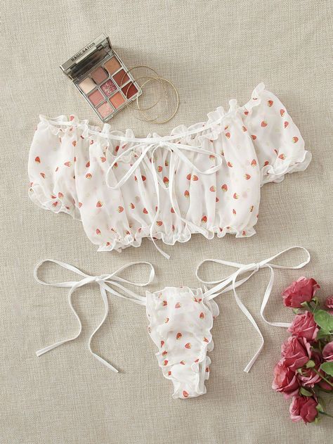 Hot Costume, Printed Bras, Mesh Bra, Lace Outfit, Strawberry Print, Floral Outfit, Print Chiffon, Women Set, Bra Set