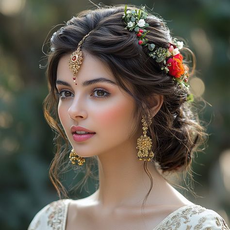 Indian Bridal Hairstyles – 20 Stunning Wedding Hairstyles - Hair Guru Bridal Hairstyles Indian Weddings, Hair For Indian Wedding, Hairstyles For Indian Wedding, Bridal Hairstyle Indian Wedding, Boho Bridal Hair, Bridal Hairdo, Indian Wedding Hairstyles, Short Hairdos, Bridal Wedding Hair