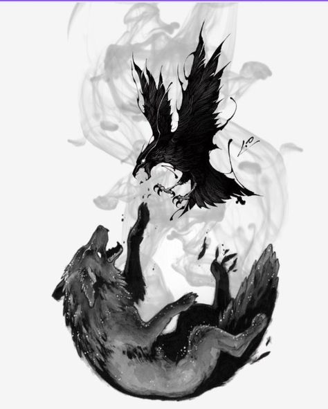 Wolf And Bird Tattoo, Wolf And Raven Drawing, Large Raven Tattoo, Wolf And Crow Art, Raven Tattoo Nevermore, Back Raven Tattoo, Shadow Wolf Tattoo, Wolf And Raven Tattoo Norse Mythology, Wolf With Wings Tattoo