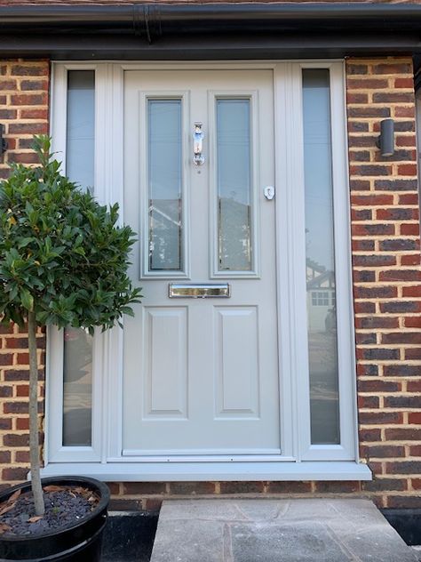 Sage Green Front Door With Side Panels, Contemporary House Front Door, Sage Green Composite Front Door, Double Glazing Ideas, Double Glazed Front Door, Composite Door Ideas, Front Door Composite, Painswick Front Door, Glazed Front Door