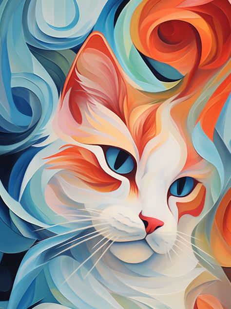 Colorful Cats Painting, Cat Art Whimsical, Whimsical Art Illustrations, Colorful Cat Painting, Abstract Cat Painting, Modern Cat Art, Kat Diy, Pop Art Cat, Abstract Pop Art