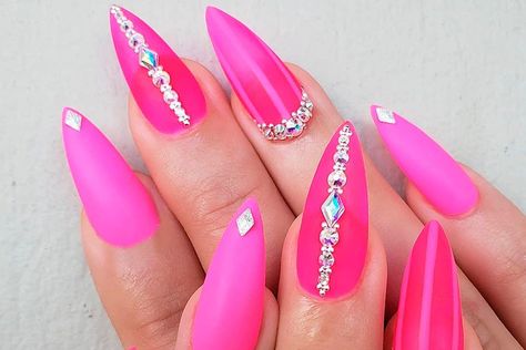 Nails Hot Pink, Pink Bling Nails, Nail Designs Bling, Barbie Pink Nails, Blush Pink Nails, Bright Pink Nails, Light Pink Nails, Matte Top Coat, Hot Pink Nails