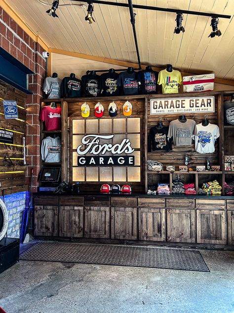 Giftshop inside Fords Garage Restaurant in Plano Texas Sip Bite Go Restaurant Garage Doors Bar, Texas Bar Aesthetic, Fords Garage Restaurant, Ford Garage, Garage Hardware, Car At Mechanic Shop, Plano Texas Restaurants, Yummy Burger, Garage Restaurant