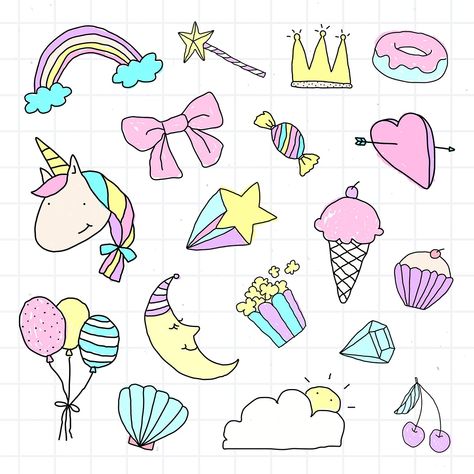 Cute pastel doodle sticker with a white border set on a grid background vector | free image by rawpixel.com / marinemynt Magic Doodles, How To Draw Unicorn, Pastel Doodles, Draw Unicorn, Magic Doodle, Fun Clip, Grid Background, Doodle Sticker, Bujo Stickers