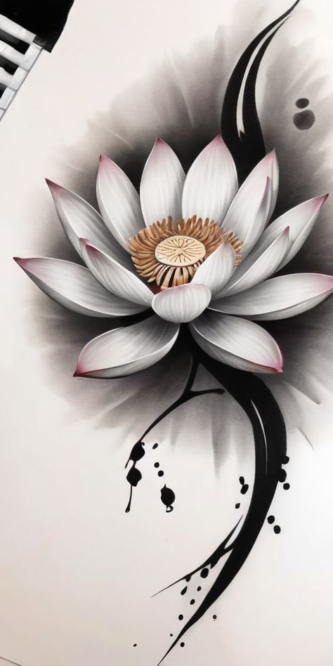 Emily Tattoo, Lotus Artwork, Lotus Flower Painting, Lotus Flower Tattoo Design, Mandala Ideas, Brush Tattoo, Bouquet Art, Asian Flowers, Flower Wrist Tattoos