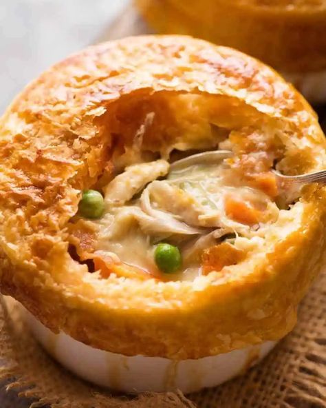 Close up of Chicken Pot Pie in a ramekin with puff pastry topping, made from scratch with uncooked chicken. Uncooked Chicken, Tin Eats, Chicken Pie Recipe, Chicken Pot Pie Recipe, Pot Pie Recipe, Easy Chicken Pot Pie, Recipetin Eats, Recipe Tin, Chicken Pie