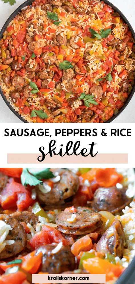 Sausage And Peppers With Rice, Sausage Peppers And Rice, Sausage And Rice Skillet, Peppers And Rice, Sausage Skillet Recipe, Sausage And Rice Casserole, Sausage And Rice, Pan Dishes, Sausage Peppers And Onions