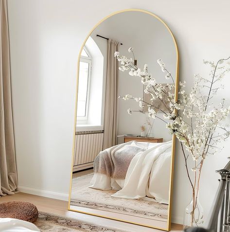 Long Mirror In Bedroom, Big Mirror In Bedroom, Full Length Mirror With Stand, Oversized Floor Mirror, Leaning Against Wall, Arched Full Length Mirror, Full Length Mirror Stand, Mirror Standing, Mirror With Stand