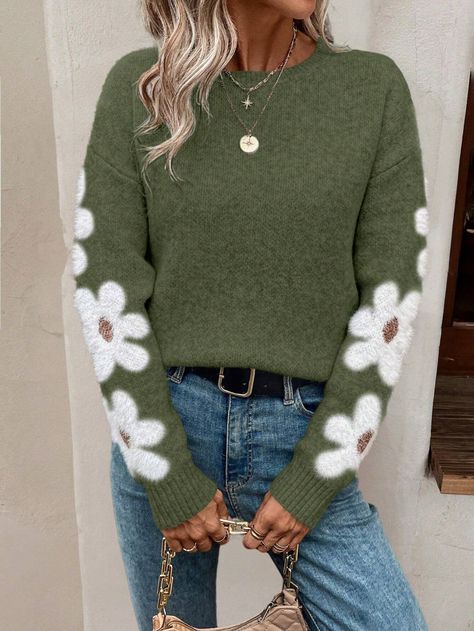 SHEIN Essnce Floral Pattern Drop Shoulder Sweater | SHEIN USA Flower Sleeve, Flower Sweater, Drop Shoulder Sweater, Floral Sweater, Floral Sleeve, Drop Shoulder Sweaters, Sweater Sleeves, Look Chic, Shoulder Sweater