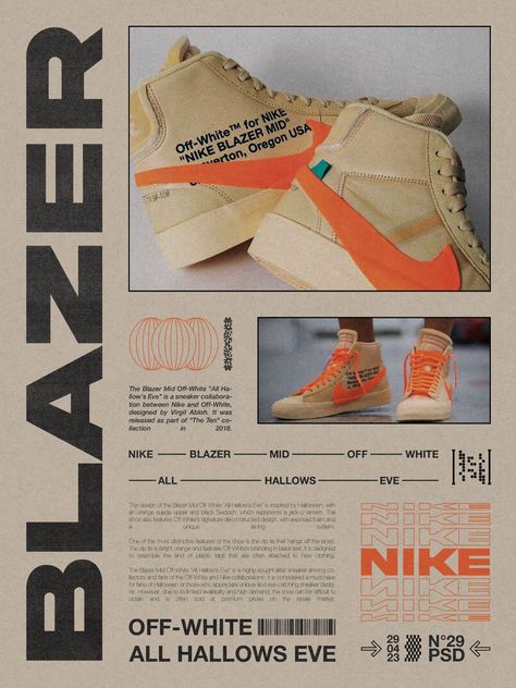 Nike Blazer Poster, Street Wear Poster Design, Minimalist Brutalist Graphic Design, Streetwear Magazine Design, Nike Poster Design Graphics, Nike Design Poster, Graphic Design For Products, Postmodern Graphic Design, Graphic Design Shoes