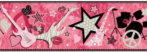 8 in. Blondie Pink Rock Star Border For your little rock star, this fun and flirty border would be wonderful in a little girl's room. Pink cheetah print, electric guitars, stars, peace signs, kisses and hearts will inspire the performer within. Animal print can be wild and fun and sassy, or chic and sophisticated. Pre-pasted, washable, and strip-able. 2000s Wallpaper, Groovy Art, Border Wallpaper, Cocoppa Wallpaper, Band Wallpapers, Cute Headers, Y2k Wallpaper, Header Pictures, Twitter Banner