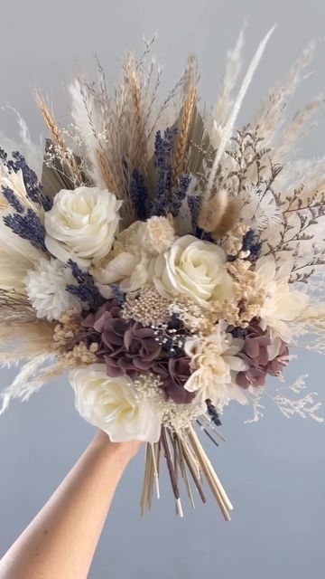 Pampas Grass And Lavender Wedding, Fall Lavender Wedding, Pampas And Lavender, Purple And Tan Wedding, Lavender Boho Wedding, Wedding Planers, Country Wedding Bouquets, Dried Floral Bouquet, Prom Bouquet