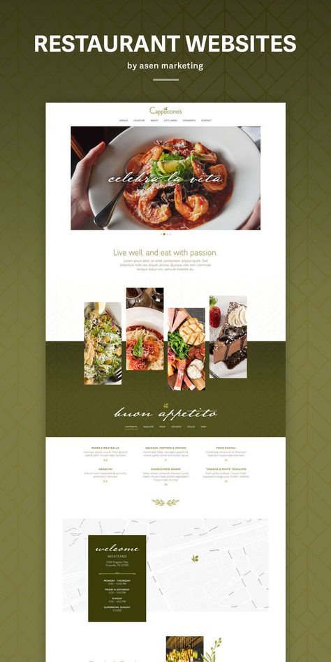 Custom restaurant website design and development by Asen Marketing for Cappuccino's Italian Restaurant in Knoxville, Tennessee. Web Design Gallery Layout, Restaurant Newsletter Design, Charcuterie Website Design, Pasta Website Design, Restaurant Web Design Inspiration, Italian Restaurant Website Design, Italian Restaurant Website, Website Restaurant Design, Website Design Restaurant