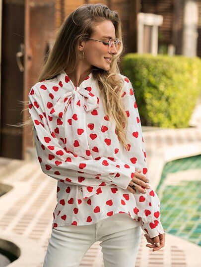 Heart Print Blouse, Women Tie, Women Ties, Valentines Outfits, Women Blouses, Print Blouse, Tie Neck, Heart Print, Stylish Girl