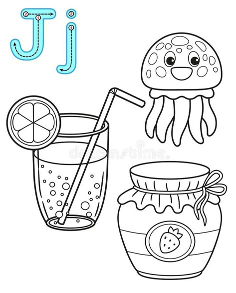 Printable coloring page for kindergarten and preschool. Card for study English. Vector coloring book alphabet. Letter J. juice,. Jellyfish, jam royalty free illustration J Coloring Pages, Kindergarten Coloring Sheets, Inspirational Letter, Easter Coloring Sheets, Alphabet Letter Activities, Lovely Letter, Blank Coloring Pages, Kindergarten Colors, People Coloring Pages