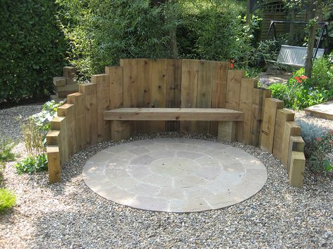 sleeper retained firepit seating area with indian sandstone circle kit | by applefields_landscaping Backyard Seating Ideas, Fire Pit Seating Area, Garden Seating Area, Fire Pit Seating, Backyard Seating, Back Garden Design, Gravel Garden, Seating Ideas, Fire Pit Backyard