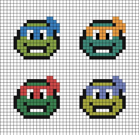 A small-ish pixel art template of the 4 Teenage Mutant Ninja Turtles' faces from around 2003. Teenage Mutant Ninja Turtles Cross Stitch, Teenage Mutant Ninja Turtles Perler Bead, Teenage Mutant Ninja Turtles Pixel Art, Tmnt Pixel Art Grid, Ninja Turtle Pixel Art, Ninja Turtle Perler Bead Pattern, Tmnt Cross Stitch, Ninja Turtles Perler Beads, Tmnt Perler Bead Patterns