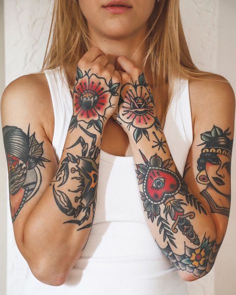 Fem Traditional Tattoo, Traditional Tattoo Arm Sleeve Women, Feminine American Traditional Sleeve, American Traditional Sleeve Woman, Traditional Flower Tattoo Sleeve, Traditional Tattoo Sleeve Women, Traditional Flowers Tattoo, American Traditional Flowers, Traditional Tattoo Sleeve Filler