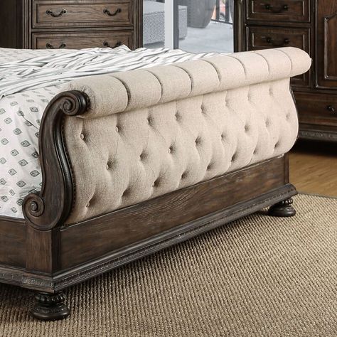 Tufted Sleigh Bed, Wood Sleigh Bed, Wood Sleigh, Beautiful Bed Designs, Upholstered Sleigh Bed, 5 Piece Bedroom Set, Sleigh Bedroom Set, Houses Ideas, Wooden Bed Design