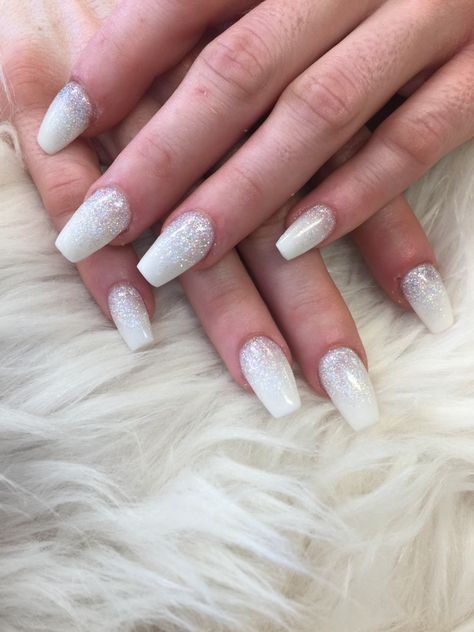 White Acrylic Nails With Silver Glitter, White Nails With Ombre Glitter, White And Silver Ombré Nails, Nails Acrylic White With Glitter, Sparkle To White Ombre Nails, White And Glitter Ombre Nails, White Silver Ombre Nails, White Glitter Ombré Nails, White Nails With Sparkle Accent Nail