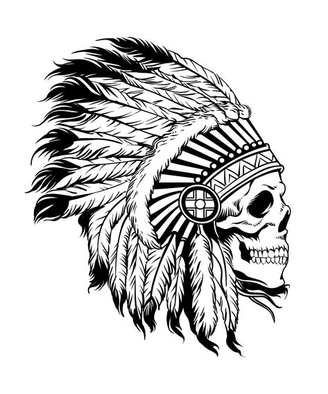 Line Art Indian on Behance Indian Head Tattoo, Indian Headdress Tattoo, Indian Skull Tattoos, Headdress Tattoo, Black And White Tattoo, Native American Tattoos, Indian Skull, Marquesan Tattoos, Art Indian