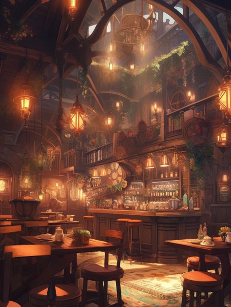 Fantasy Restaurant Art, Fantasy Bar Concept Art, Tavern Dnd Art, Fantasy Bar Aesthetic, Fantasy Cafe Concept Art, Fantasy Tavern Interiors, Fantasy Inn Exterior, Cabin Fantasy Art, Inn Fantasy Art