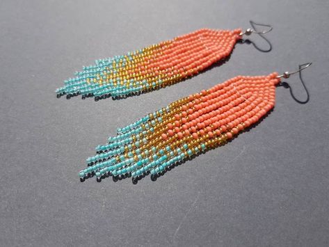 Coral Blue Beaded Earrings Chandelier Earrings Ombre Earrings - Etsy Turquoise Bead Earrings, Blue Beaded Earrings, Ombre Earrings, Gold Bead Earrings, Beaded Earrings Native, Kawaii Earrings, Beaded Earrings Tutorials, Native American Beaded Earrings, Seed Bead Tutorial