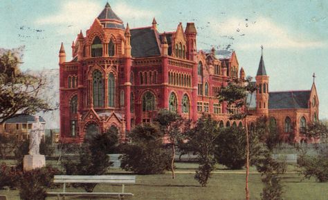 Ursuline Academy, N.J. Clayton, architect, Galveston, TX | An artist’s rendition of the Ursuline Academy in Galveston, Texas ...high Victorian Venetian Gothic Galveston Island, Galveston Texas, Galveston Tx, American Architecture, Classic Architecture, U.s. States, Antique Postcard, Old Building, Galveston