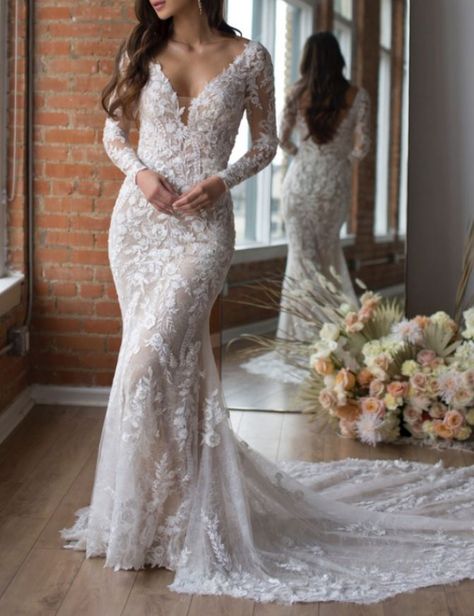 Boho Fitted Wedding Dress Long Sleeve, Sheath Wedding Gown With Sleeves, Lace Long Sleeved Wedding Dress, Long Sleeved Fitted Wedding Dress, Long Sleeve Long Train Wedding Dress, Sheath Long Sleeve Wedding Dress, Lace Fitted Wedding Dress With Sleeves, Long Sleeve Romantic Wedding Dress, Figure Hugging Wedding Dress