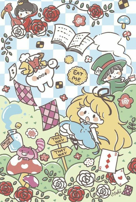 Alice In Wonderland Artwork, Wonderland Artwork, Kawaii Disney, Cute Disney Drawings, Hello Kitty Cartoon, Snoopy Love, Kawaii Chibi, Up Book, Chibi Drawings