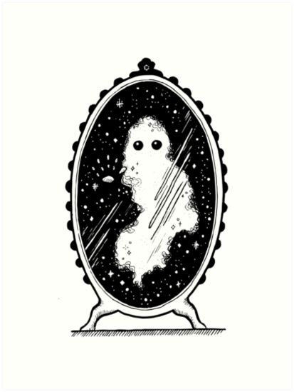 Hand-drawn, dotted and pen illustrated galaxy-themed fantasy drawing of a ghost looking through a mirror reflection for the yearly #inktober challenge. • Millions of unique designs by independent artists. Find your thing. Ghost In A Mirror Drawing, Spooky Mirror Tattoo, Standing In Front Of Mirror Drawing, Ghost Mirror, Reflection Tattoo, Mirror Drawing, Locket Tattoos, Mirror Tattoos, Inktober Challenge