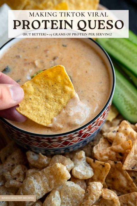 Love Tex-Mex queso but not the calories? This cottage cheese queso has 24 grams of protein per serving and tastes EXACTLY like the real thing. Protein Queso Cottage Cheese, Protein Queso Dip, Cottage Cheese Queso Dip Recipes, High Protein Cottage Cheese Queso, Cottage Cheese Bean Dip, High Protein Queso Dip, Low Calorie Queso, Queso Cottage Cheese, Cottage Cheese Queso Dip Rotel