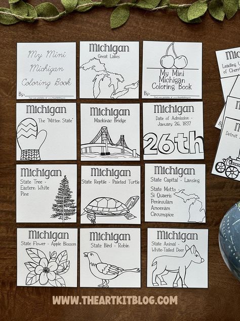 Mini Michigan 50 States Coloring Pages {FREE Printable!} Michigan Coloring Pages, Michigan Activities, Mini Coloring Book, Michigan Crafts, Geography For Kids, Teacher Board, Bookmark Printing, Historical Museum, Fun Arts And Crafts