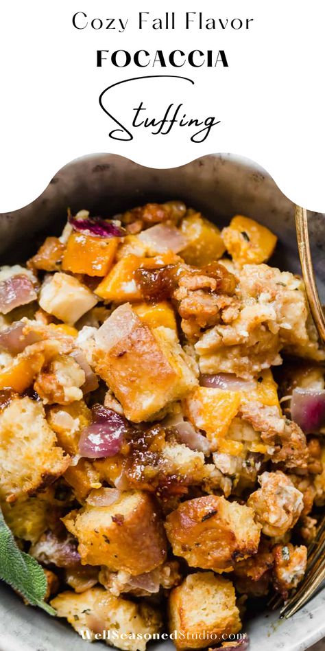 Focaccia Stuffing Recipe, Fall Focaccia, Focaccia Stuffing, Butternut Squash Goat Cheese, Squash Goat Cheese, Thanksgiving Sandwich, Homemade Focaccia, Creamed Onions, Sage Sausage