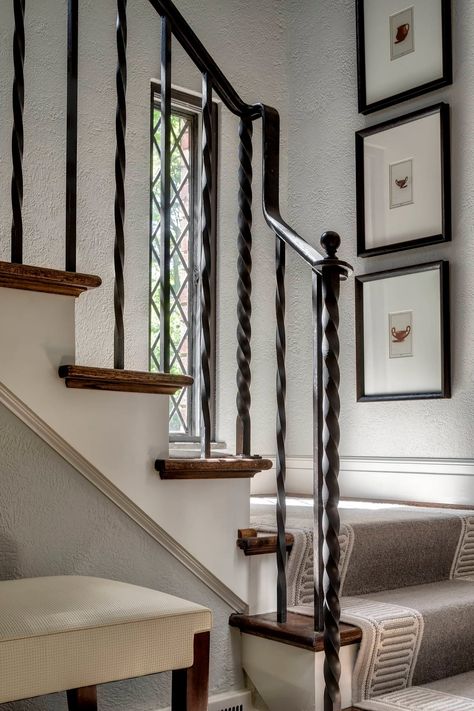 In Town Tudor Tudor Home Interior, Tudor Decor, Tudor House Exterior, Tudor Home, Timber Home, Iron Stair Railing, Tudor Style Homes, English Tudor, Staircase Lighting