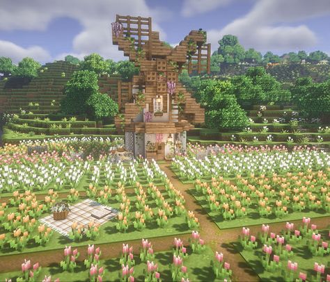 Minecraft Spring House, Minecraft Flower Field Aesthetic, Minecraft Fairy Farm Ideas, Pams Harvestcraft Minecraft, Minecraft Flower Field Seed, Minecraft Aesthetic Farm Ideas, Minecraft Flower Lake, Minecraft Cottagecore Windmill, Minecraft Farm Windmill