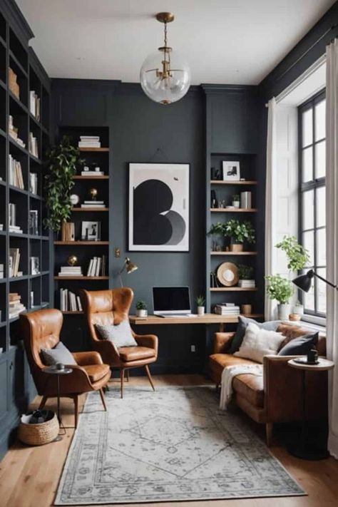 Black And Cognac Office, Home Office With Lounge Chair, Moody Office With Fireplace, Charcoal Office Walls, Cozy Minimalist Home Office, Black Walls Office Ideas, Office With Black Walls, Cozy Reading Room Aesthetic, Moody Modern Office