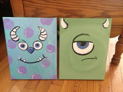 Inside Out Painting Canvases, Monster Inc Drawing, Mike Wazowski Painting, Monsters Inc Painting, Sully Painting, Easy Trippy Canvas Painting, Monster Painting, Cute Easy Paintings, Disney Canvas Art