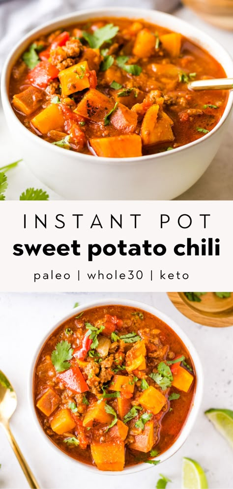 Chili Recipe Instant Pot, Southern Soups, Potato Chili Recipe, Beanless Chili Recipe, Chili Paleo, Instant Pot Sweet Potato, Sweet Potato Chilli, Sweet Potato Chili Recipe, Beef Chunks